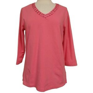 Quacker Factory Bright Pink Beaded V-Neck Pullover Cotton Stretch Top Sz M
